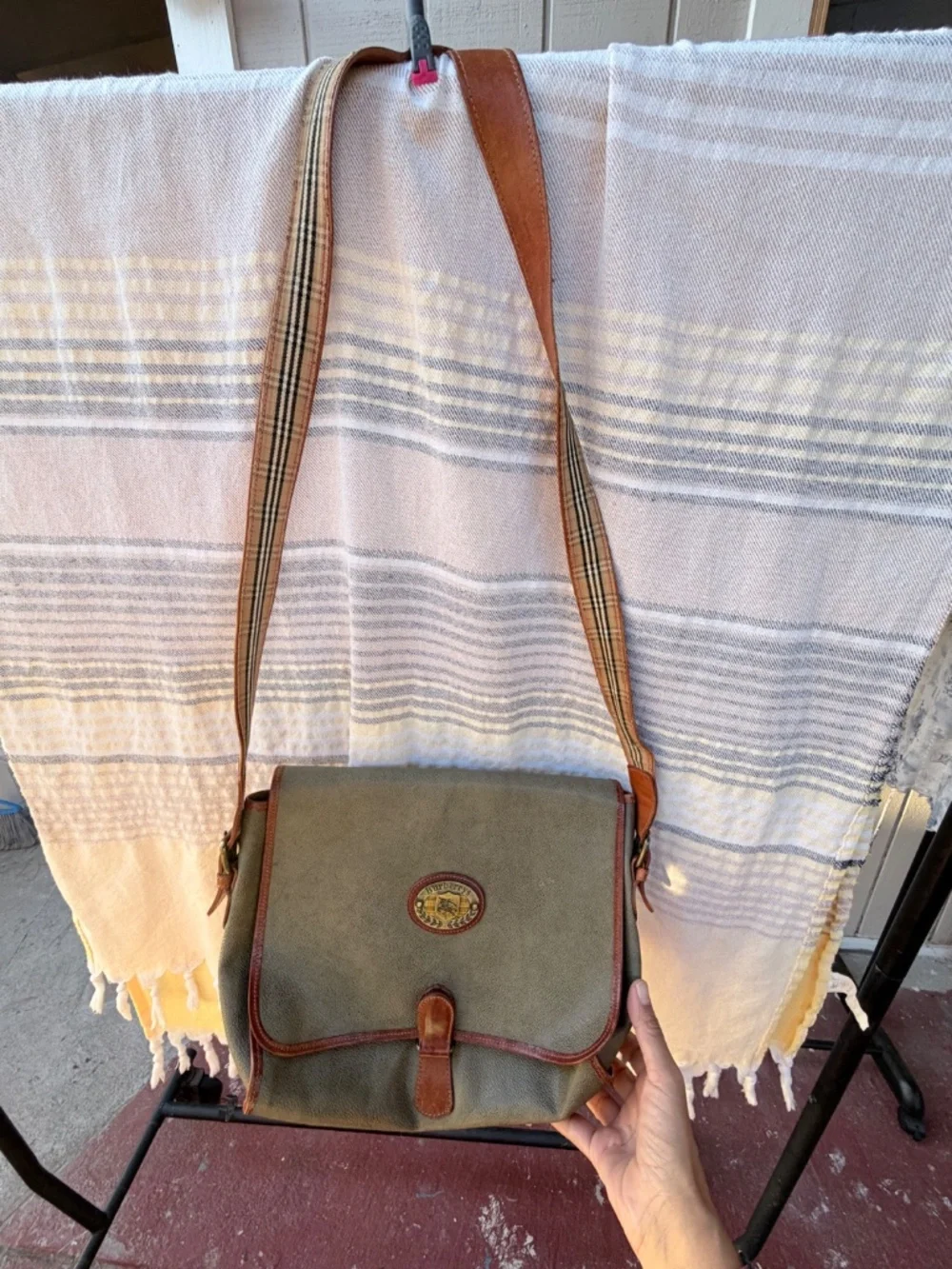 Vintage Burberrys Coated Canvas Messenger Crossbody Bag- OliveGrey